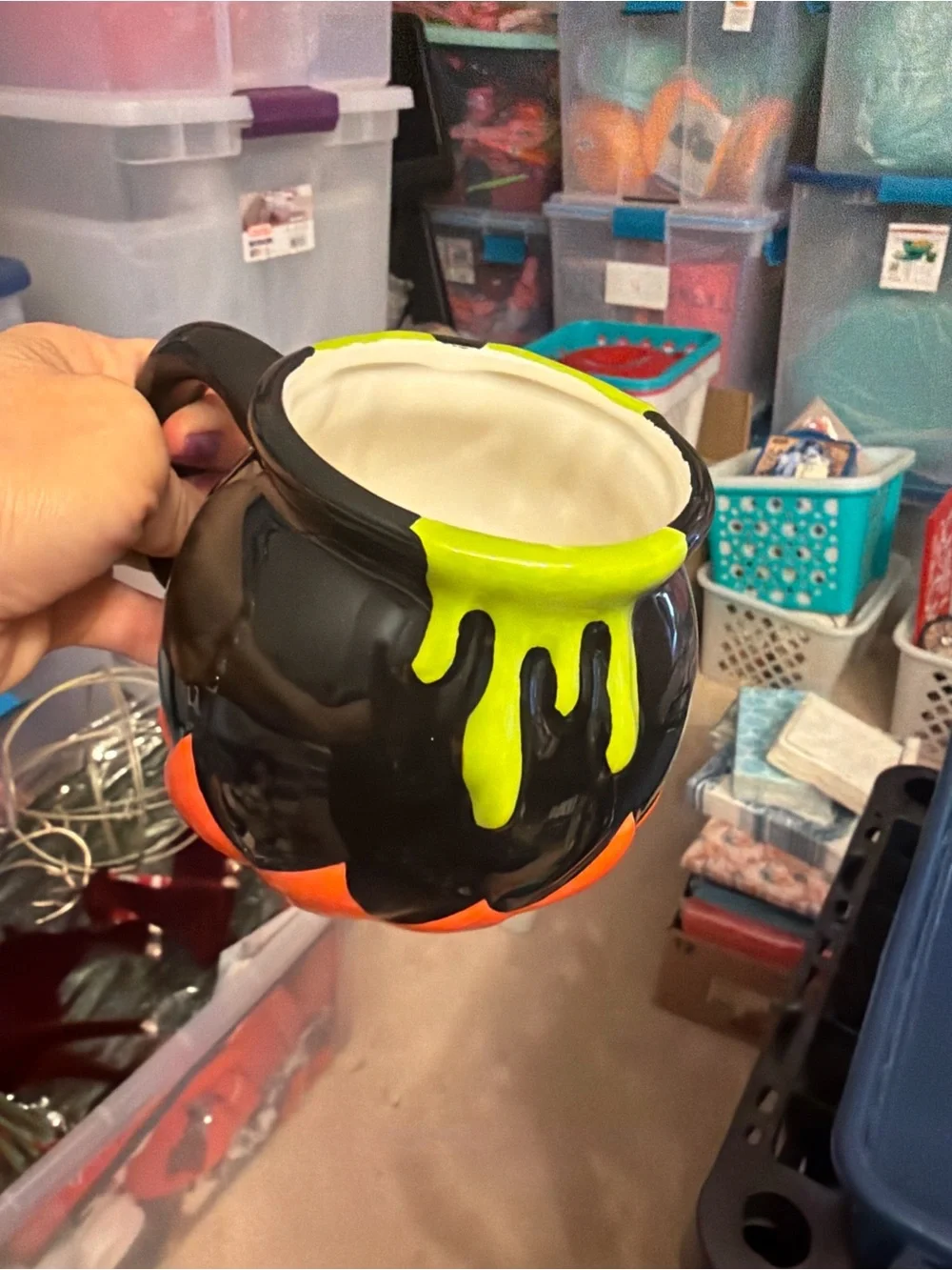 Halloween Cauldron Ceramic Coffee Mug - Black & Orange with Green Drip
